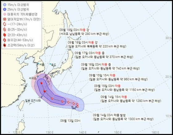 Typhoon No. 14 is expected to approach Cheju Island on Sep 19th.