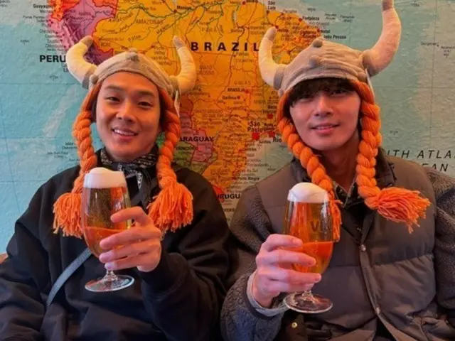 Park Seo Jun & Choi Woo-shik, a cute photo of them together in Viking hats and with beers in hand