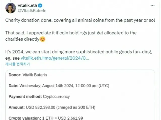 Vitalik Buterin donates all of the animal-themed meme coins he received over the past year to charity