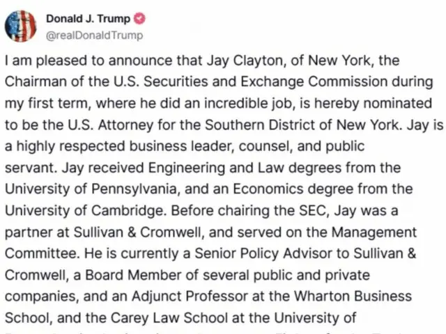 Trump nominates former SEC Chairman Jay Clayton as U.S. Attorney for the Southern District of New York