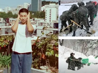 BTS' RM, shoveling snow with a shovel... A leader who is faithful to his military service