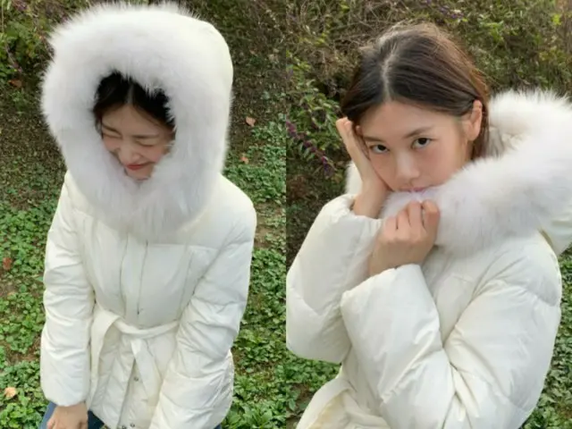 Somi, cute girlfriend shot in pure white down jacket